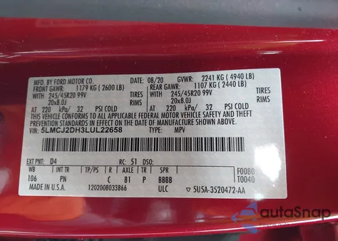 2020 Lincoln Corsair Reserve z USA, uszkodzony, nr VIN 5LMCJ2DH3LUL22658
